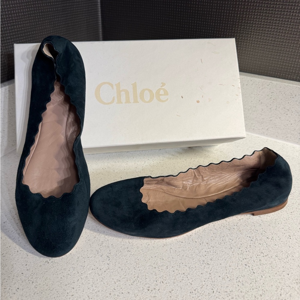 Chloé Suede Scalloped Accent Ballet English Green Flats 38.5